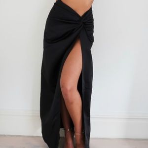 Black Satin Split Leg Maxi Skirt